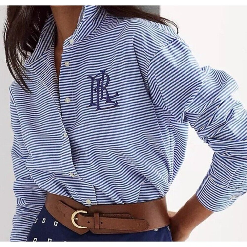 LAUREN RALPH LAUREN Strip Cotton Broadcloth Shirt Women's Size Small Embroidered - Picture 1 of 16